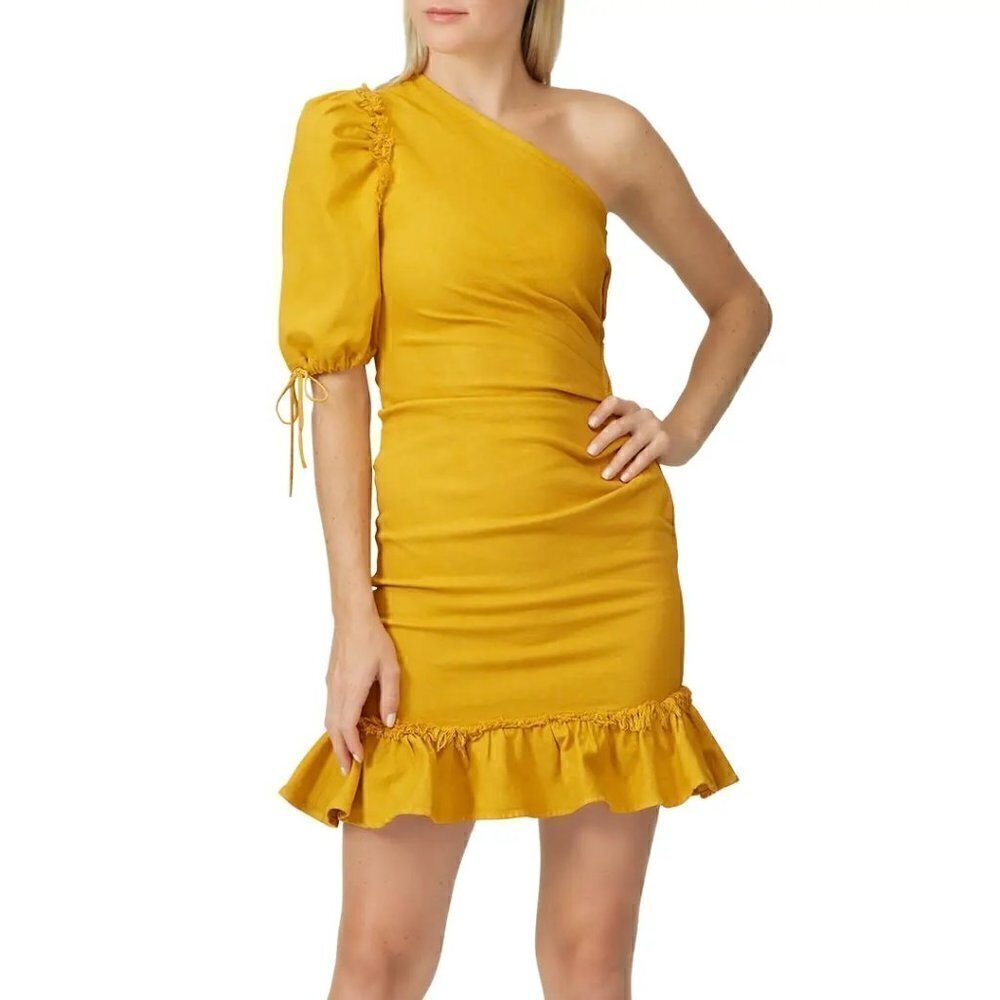 Jonathan Simkhai Yellow One Shoulder Asymmetric Denim Mini Dress US 4